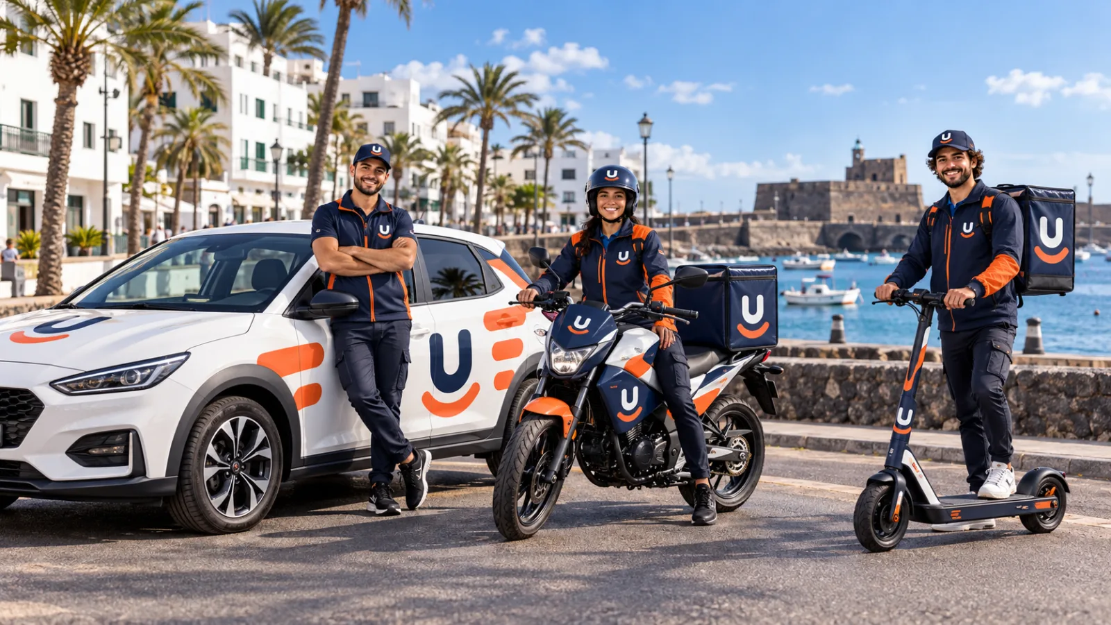Riders de Un-fleje en coche, moto y patinete en Arrecife