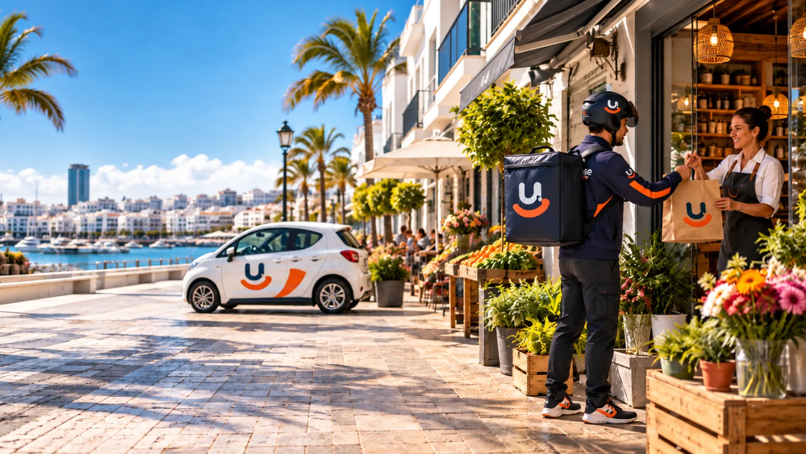 Rider de Un-fleje entregando un pedido en un comercio de Lanzarote