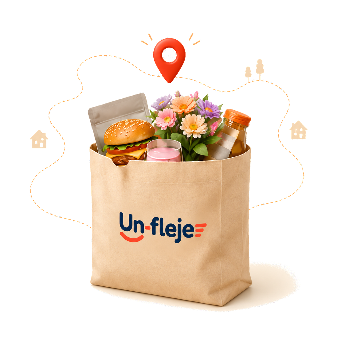 Bolsa Un-fleje con pin de ubicación, flores, hamburguesa y bebida